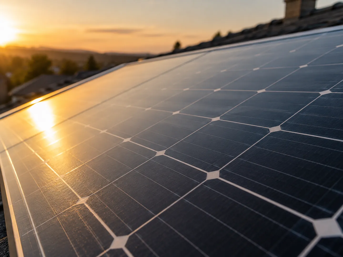 Close-up of the blue-black grid of cells on a solar panel, catching low sunlight