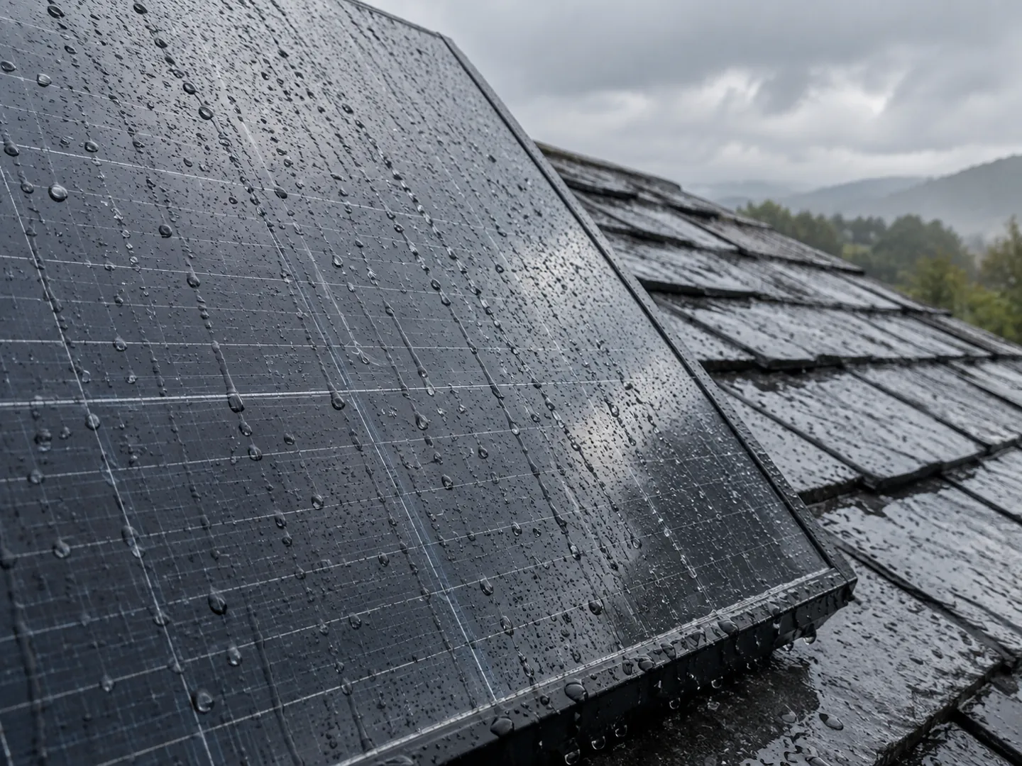 Rain running down a tilted rooftop solar panel on a grey day, with droplets on the glass