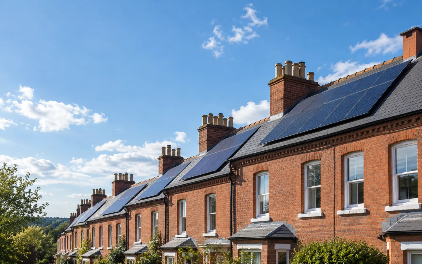 A row of brick terraced houses with dark solar panels on a sunny roof slope under a blue sky with scattered clouds